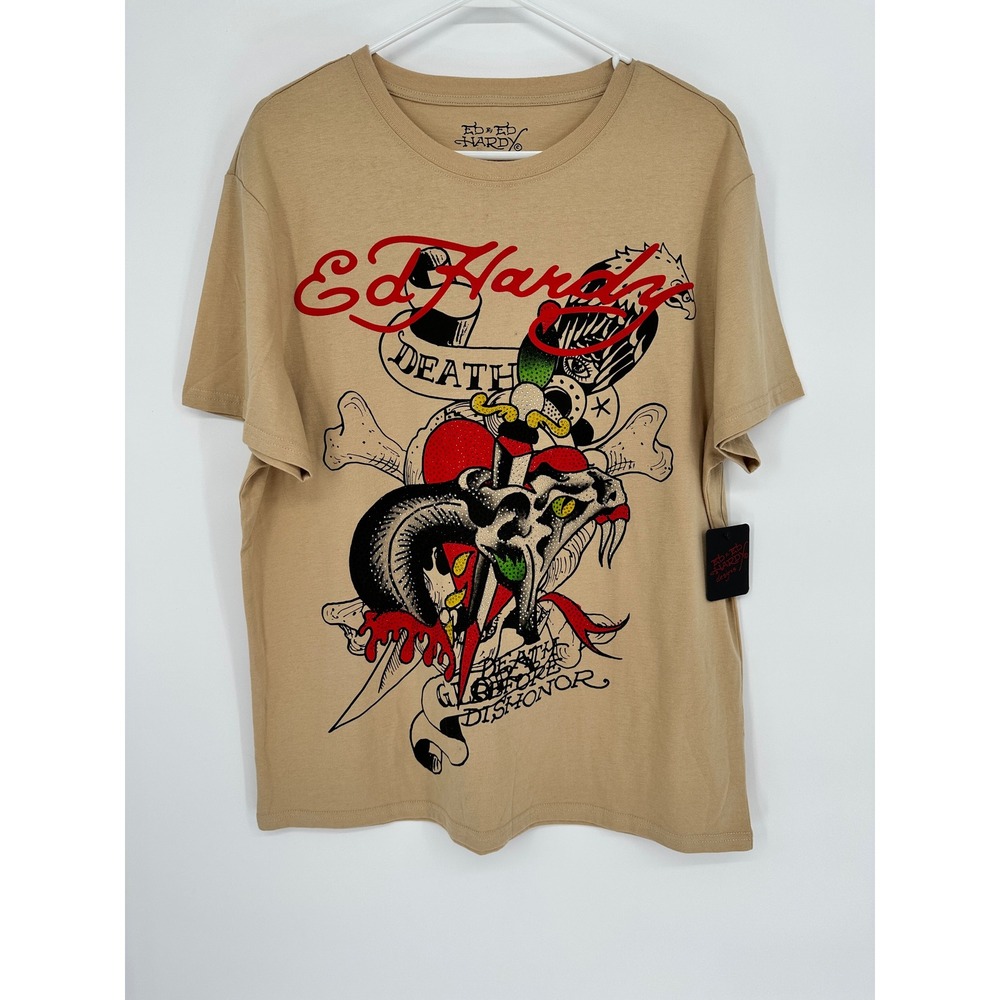 Ed Hardy Mens Khaki Death‎ Before Dishonor Rhinestone Graphic T-ShirtL